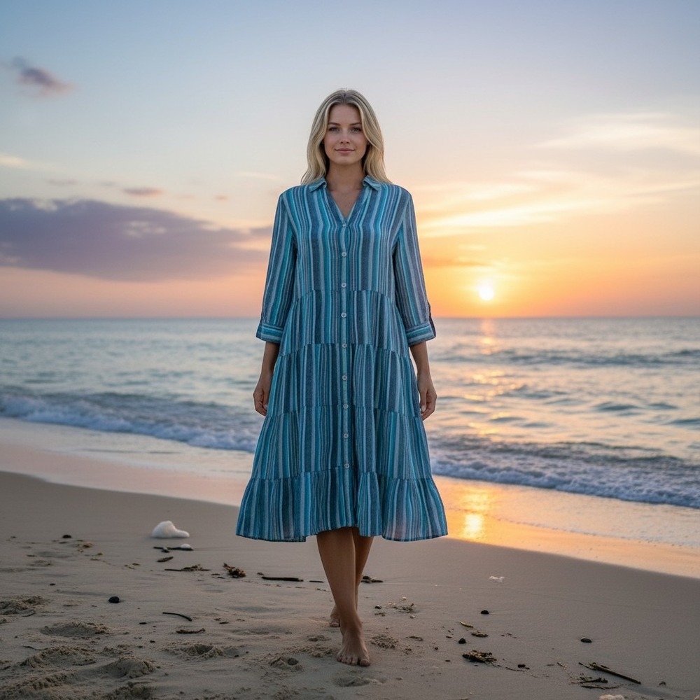 Soft Surroundings Blue Striped Linen Tiered Shirt Dress Petite Medium cottage